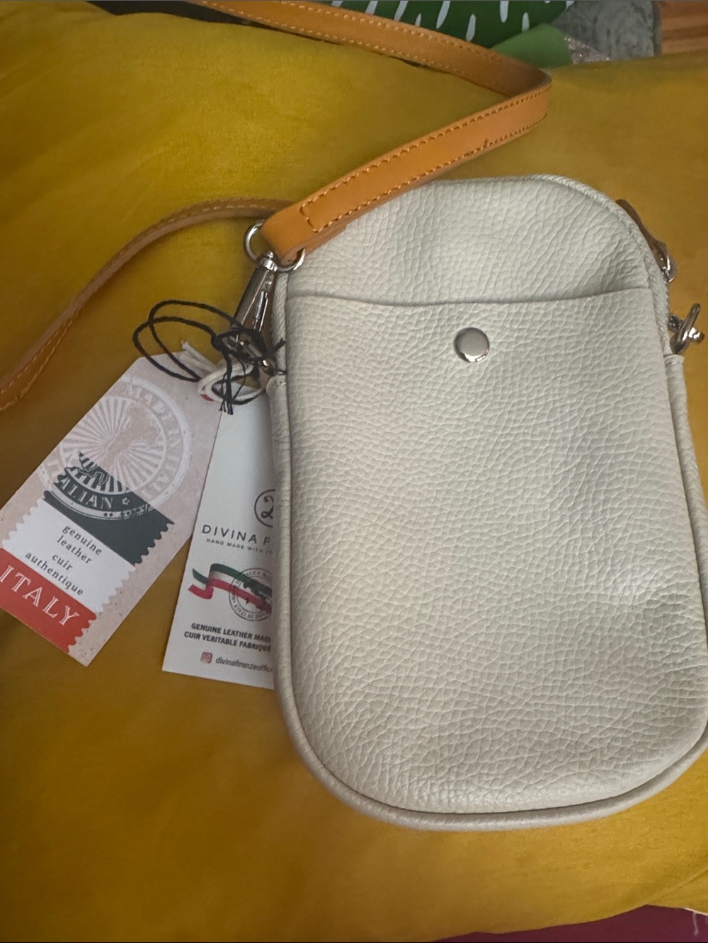 Divina Small White Pebbled Leather Crossbody with Tan Strap
